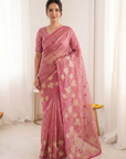Coral Pure Oris Silk Saree with Embroidered Lotus Buttis & Applique Border
