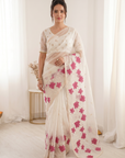 White Pure Oris Silk Saree with Embroidered Lotus Buttis & Applique Border