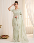 Pista Pure Raspberry Crush Silk Saree with Lucknowi Embroidery