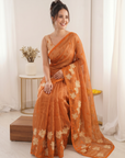 Orange Pure Oris Silk Saree with Embroidered Lotus Buttis & Applique Border