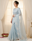 Sky Pure Raspberry Crush Silk Saree with Lucknowi Embroidery