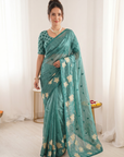 Denim Pure Oris Silk Saree with Embroidered Lotus Buttis & Applique Border