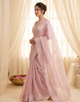 Pink Pure Raspberry Crush Silk Saree with Lucknowi Embroidery