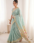Sky Premium Soft Muga Cotton Saree with Paithani Swan Meenakari Pallu