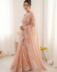 Peach Pure Raspberry Crush Silk Saree with Lucknowi Embroidery