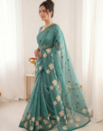 Denim Pure Oris Silk Saree with Embroidered Lotus Buttis & Applique Border