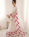 White Pure Oris Silk Saree with Embroidered Lotus Buttis & Applique Border