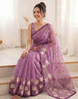 Pink Pure Oris Silk Saree with Embroidered Lotus Buttis & Applique Border