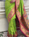 Parrot Green Contrast Zari Woven Chandrakor Swan Yeola Paithani Silk Saree