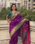 Wine Zari Woven Nath Contrast Yeola Paithani Silk Saree