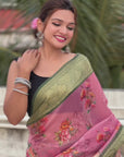 Pink Tissue Crush Silk Floral Printed Saree with Zari Woven Border