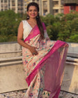 Pink Tussar Silk Kalamkari Printed Saree with Zari Woven Border