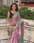 Baby Pink Tissue Crush Silk Floral Printed Saree with Zari Woven Border