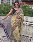 Green Tissue Crush Silk Floral Printed Saree with Zari Woven Border