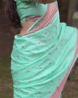 Pale Turquoise Checks Paithani Silk Zari Woven Saree