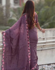 Wine Pure Crush Embroidered Saree with Multicolor Floral Motifs and Cutwork Border