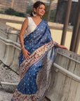 Dark Blue Katki Silk Printed Kalamkari Saree with Zari Border