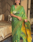 Mehendi Soft Silk Ikkat Patola Saree with Meenakari Motifs Peacock Pallu and Gold Zari Border